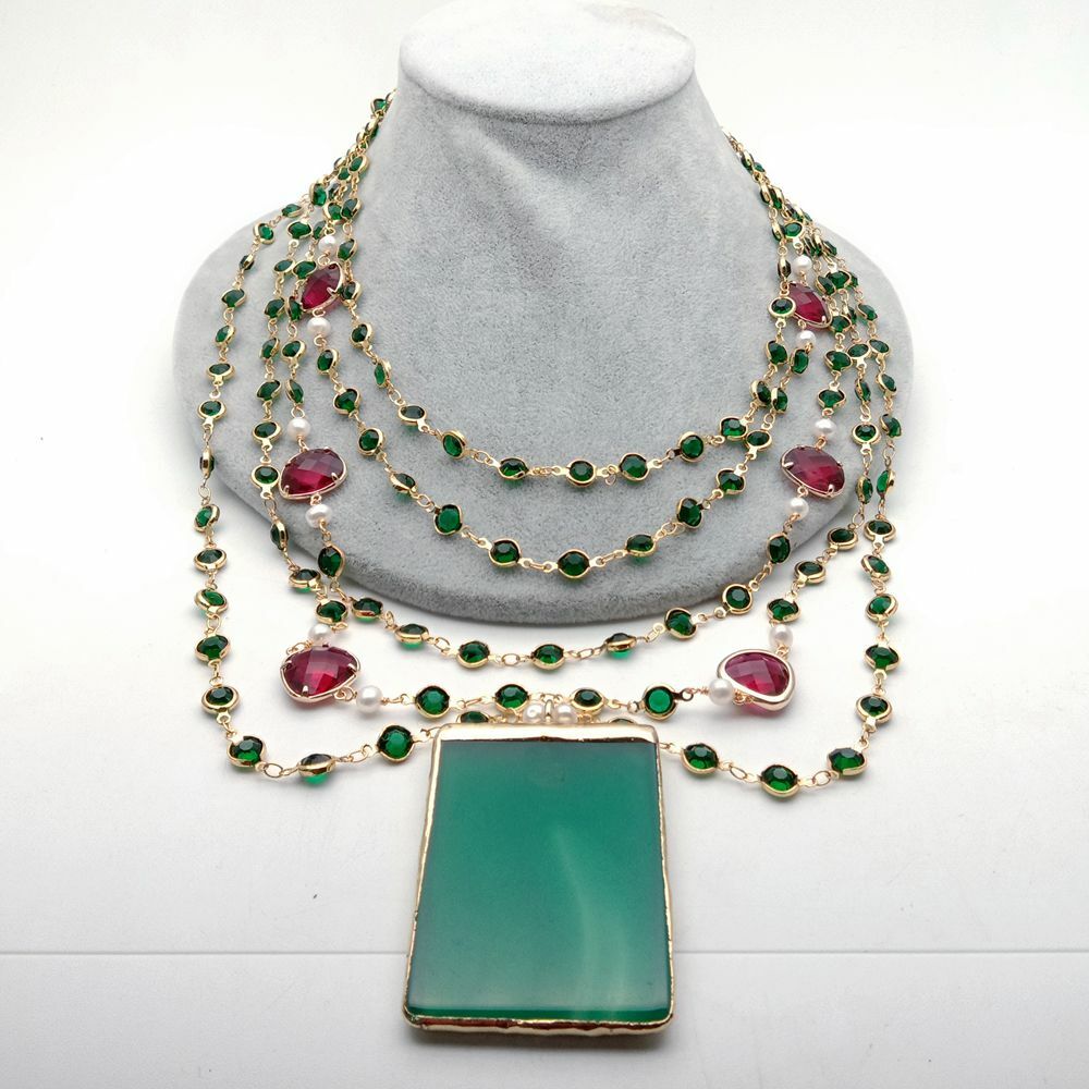 5 Strands White Pearl Green Crystal Chain Necklace Green Agate Pendant 18”