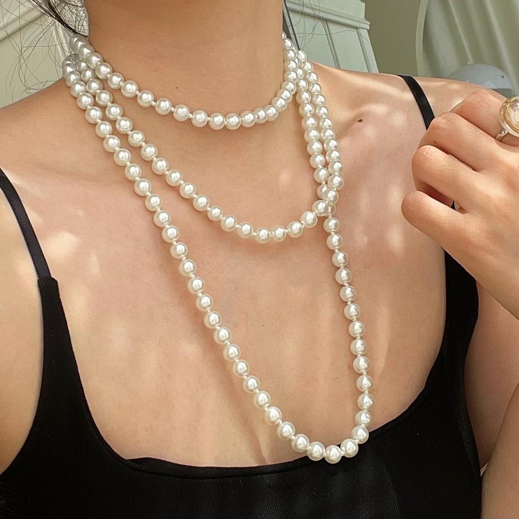 Long Pearl Necklaces for Women Faux Pearl Strand Necklace Statement Beaded Ne…
