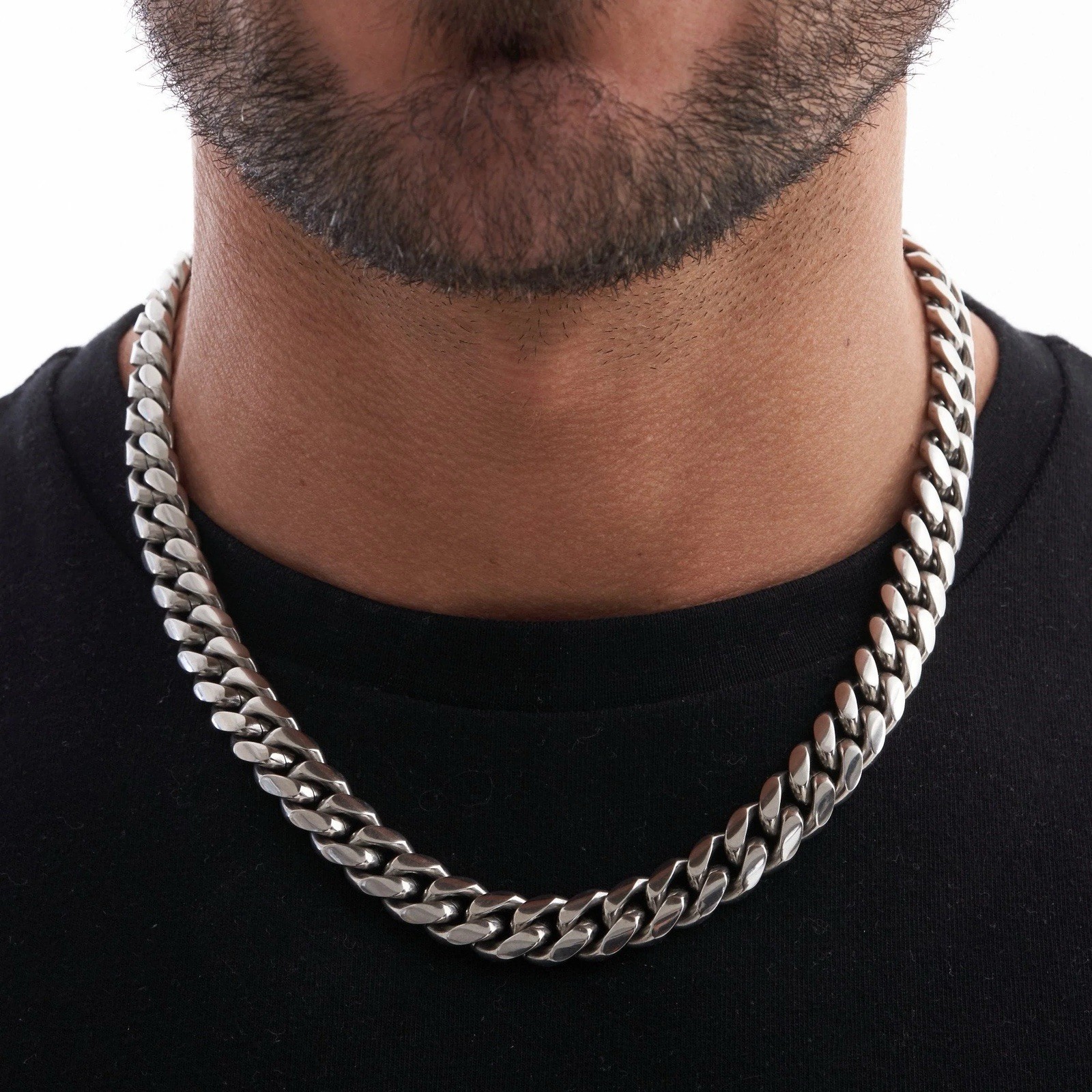 12mm Silver Stainless Steel Cuban Link Chain Necklace