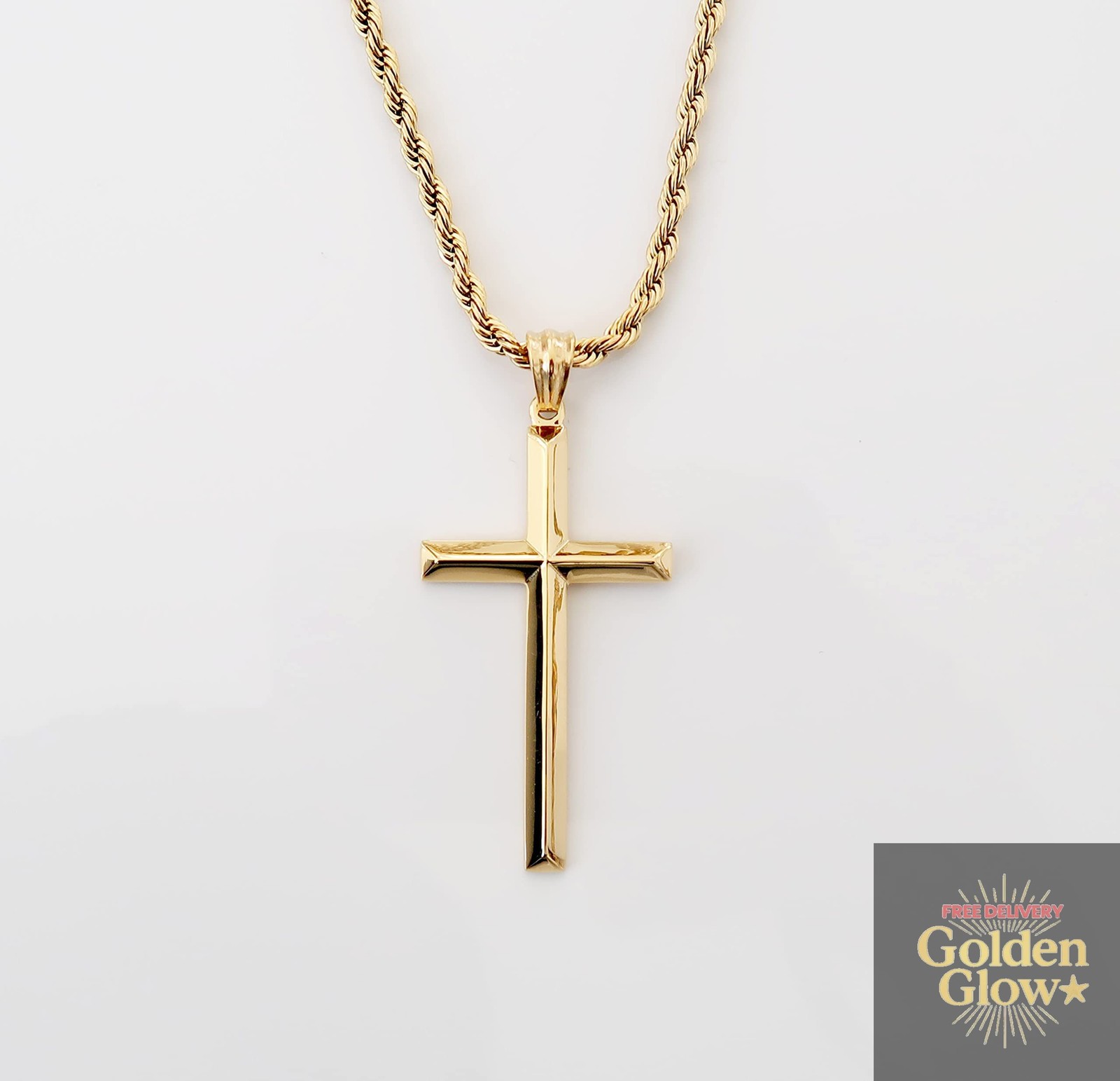 14K Gold Rope Chain Style Cross Pendant Necklace-for Men Religious Beveled