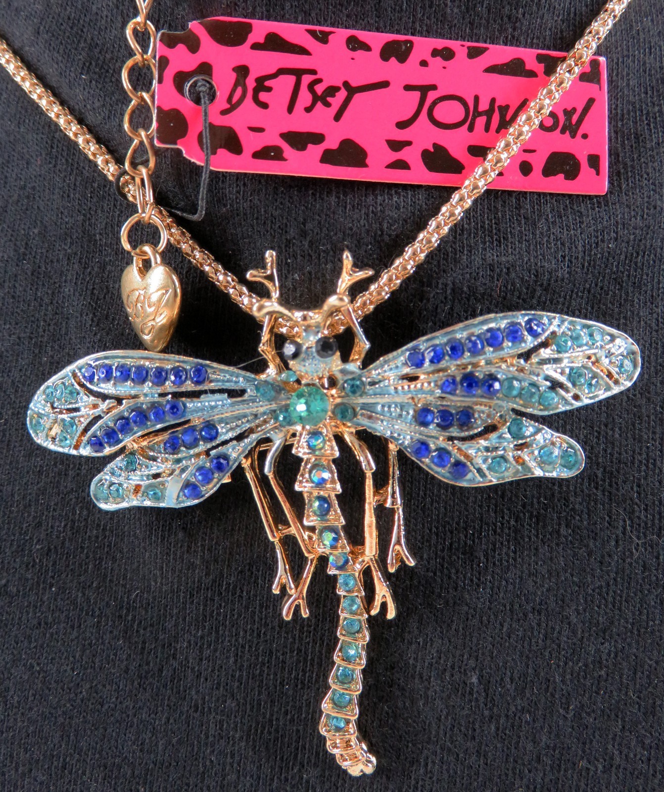 NWT-Betsey Johnson Blue Crystal Dragonfly Pendant Brooch on Goldtone Necklace