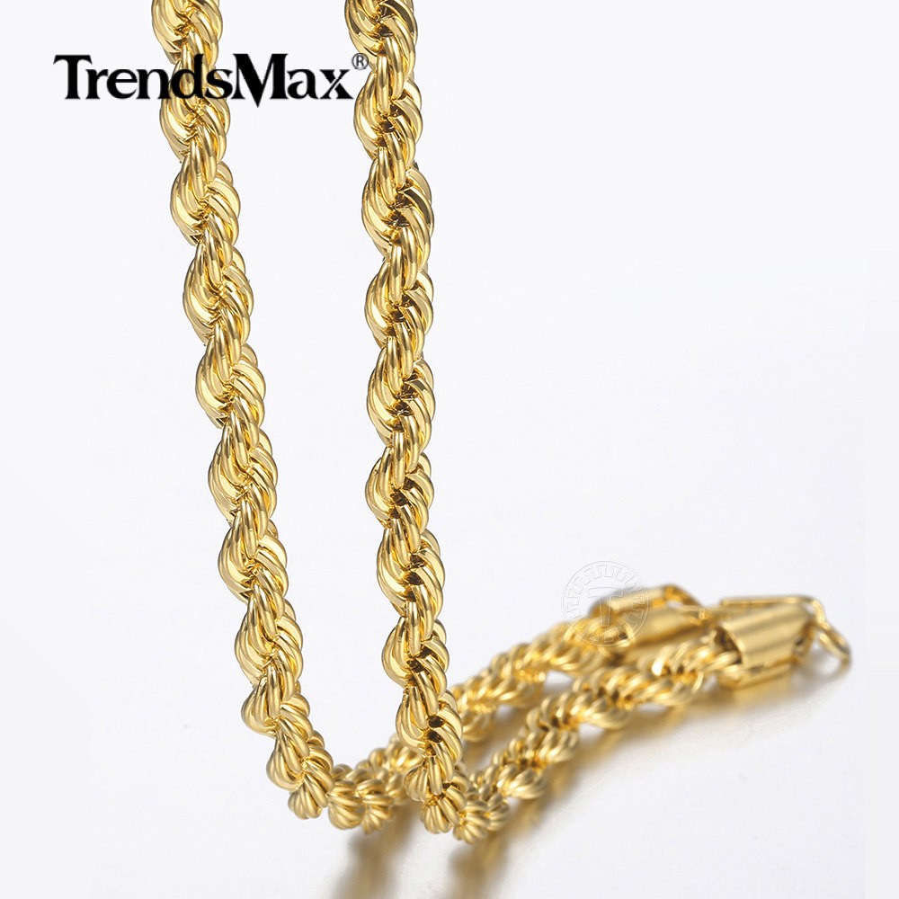 Gold Plated Stainless Steel Rope Chain Necklace 3/5/7mm 16-30″ Choker Men Women