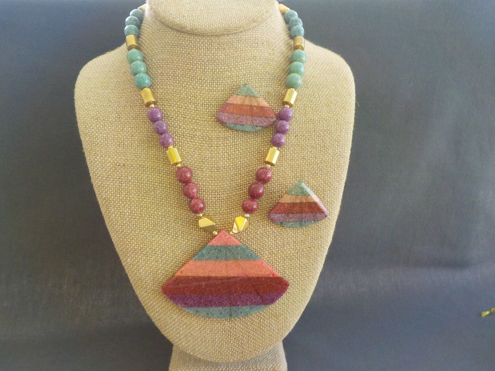 Triangle Necklace & Pierced Earrings Plastic Metal Green Purple Dark Red Blue