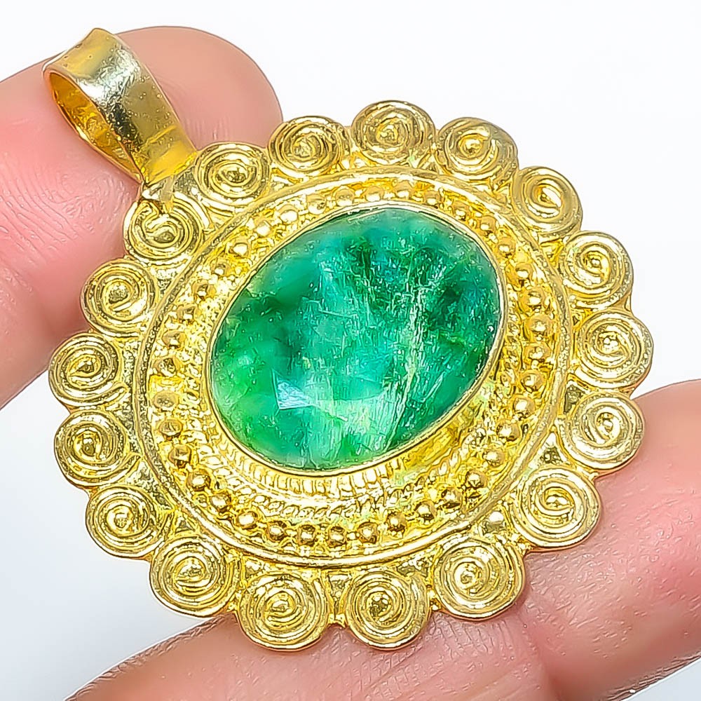 Emerald (Lab-Created) Silver Gold Plated Pendant 1.76″ P7622-130