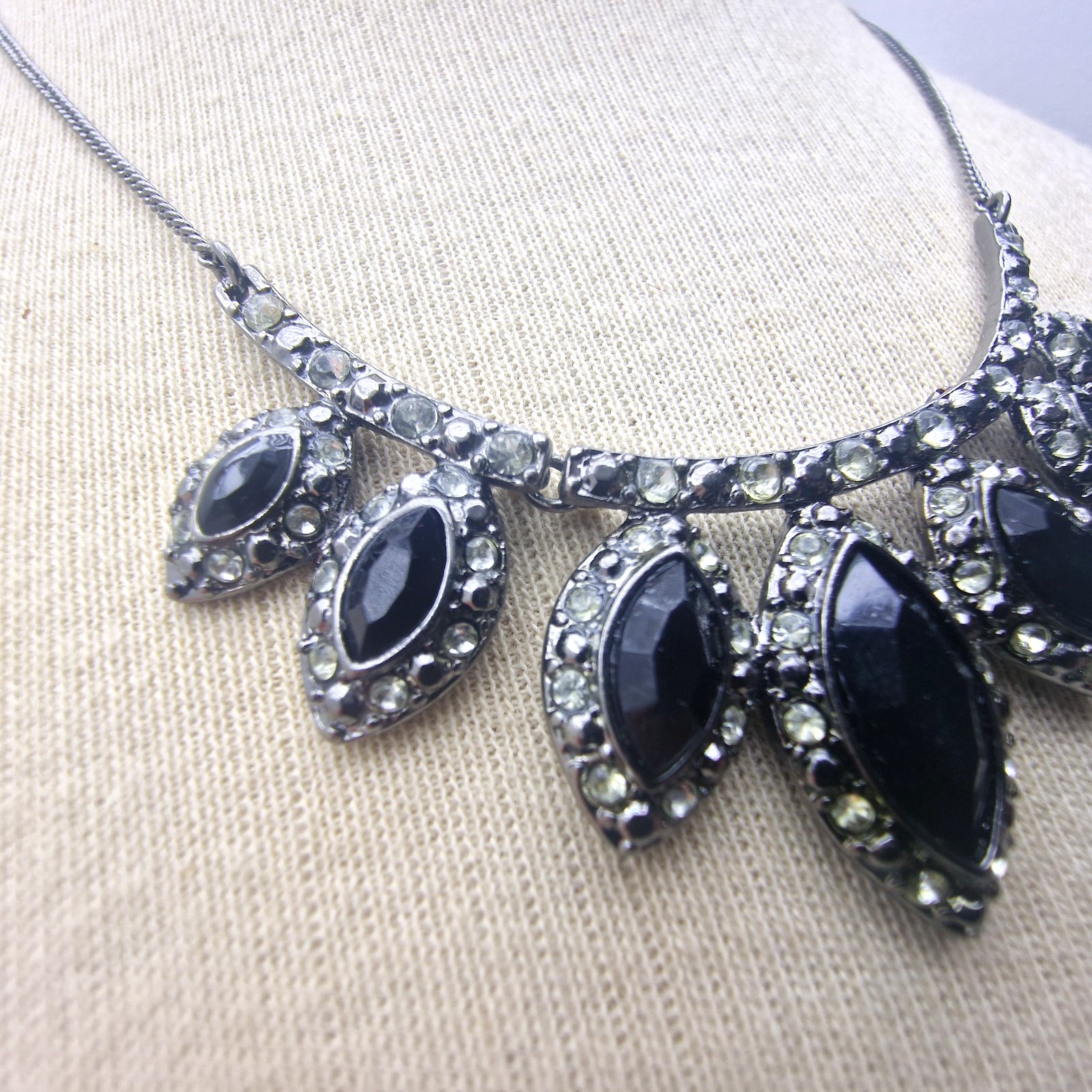 SAC Black Rhinestone Bib Necklace Gunmetal Tone Statement Costume Jewellery