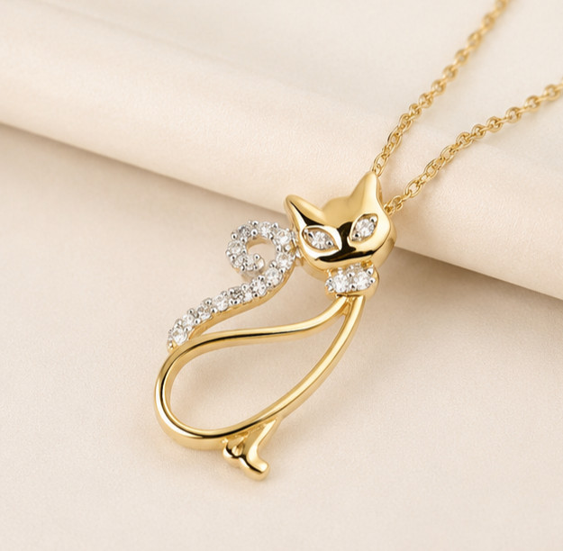 1.20Ct Round Cut Simulated Diamond Cat Shape Pendant 14K Yellow Gold Plated