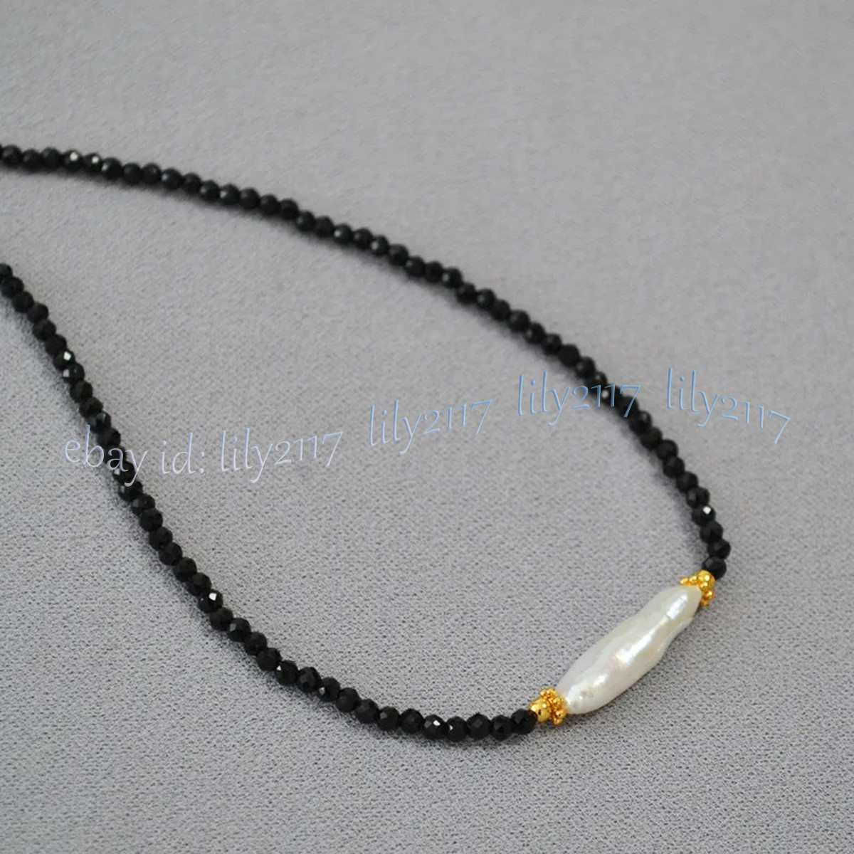 3mm Faceted Black Spinel Round Gems Natural White Baroque Stick Pearl Necklace