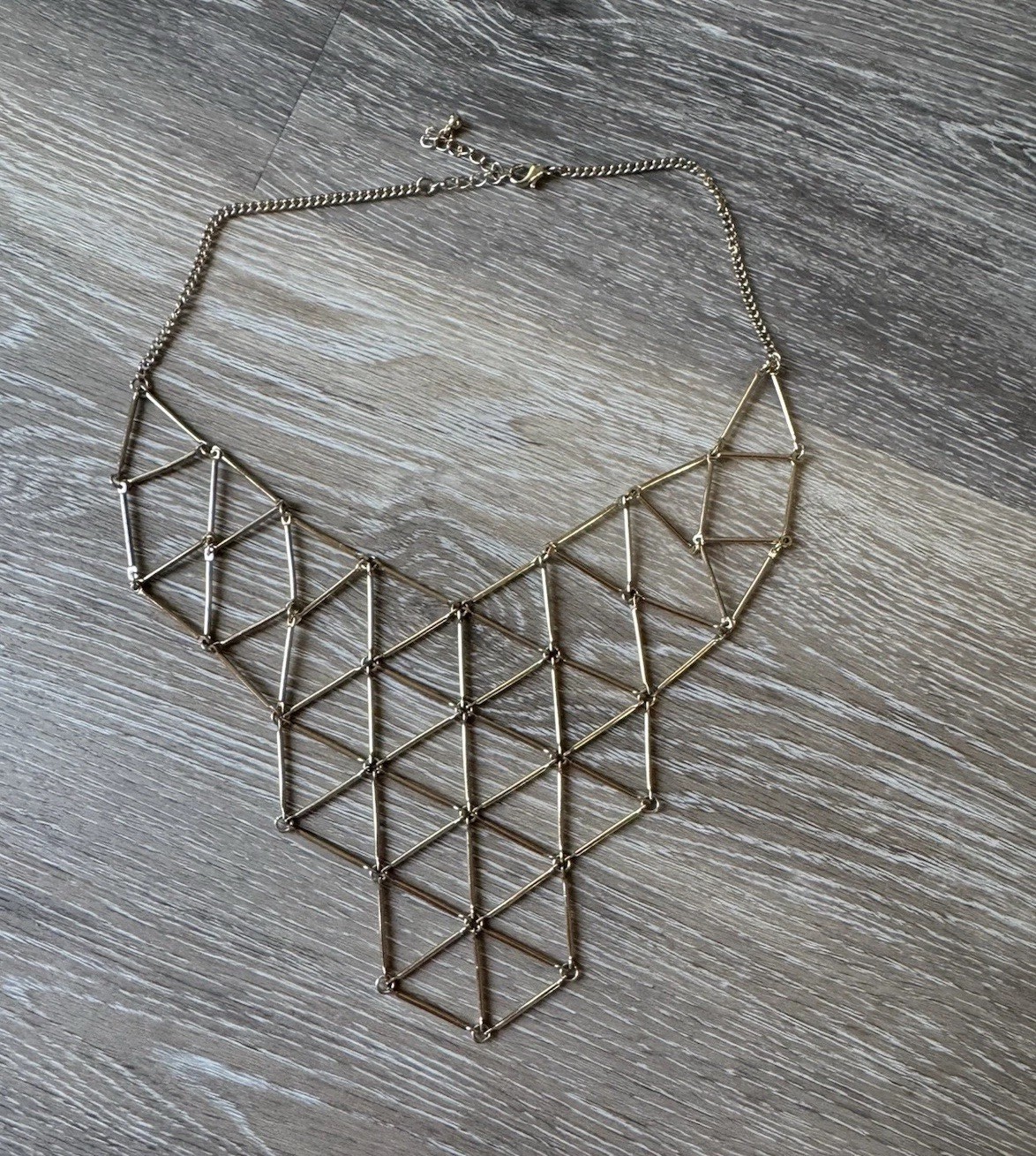 Gold Tone Geometric Statement Bib Necklace Adjustable Box Chain Lobster Clasp