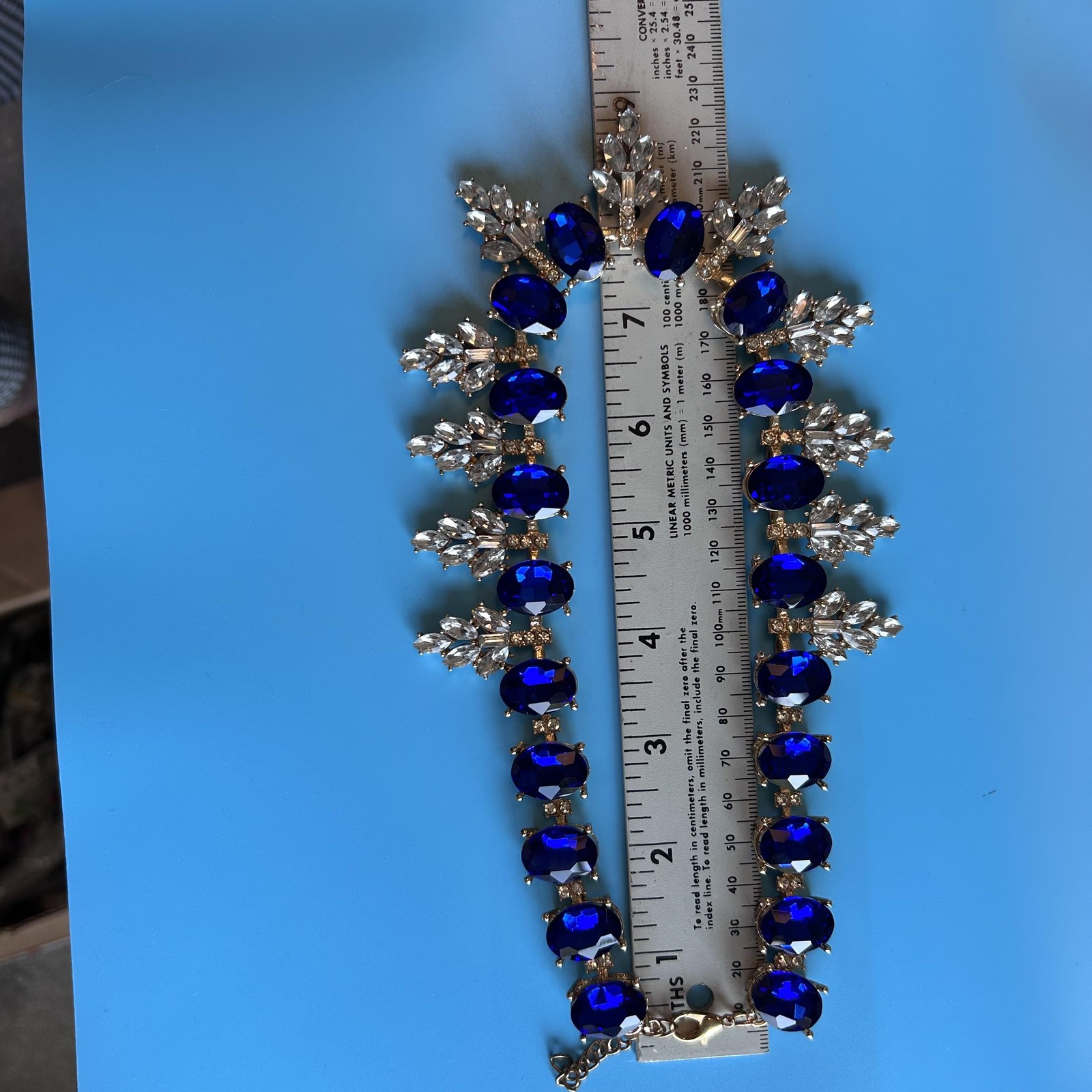VTG Blue Rhinestone Statement Bib Necklace Gold Tone Crystal Prom Wedding Formal