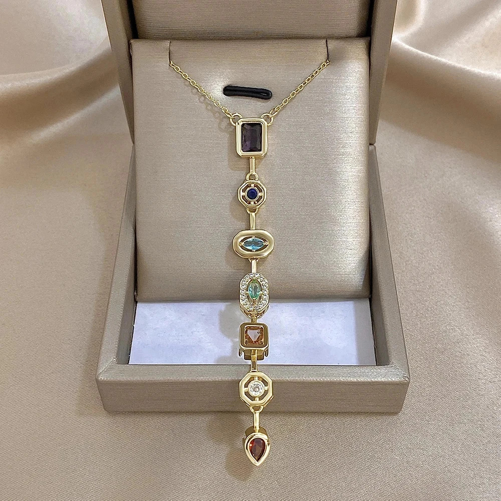Vintage Geometric Colorful Zircon Long Pendant Necklace for Women Gold Plated