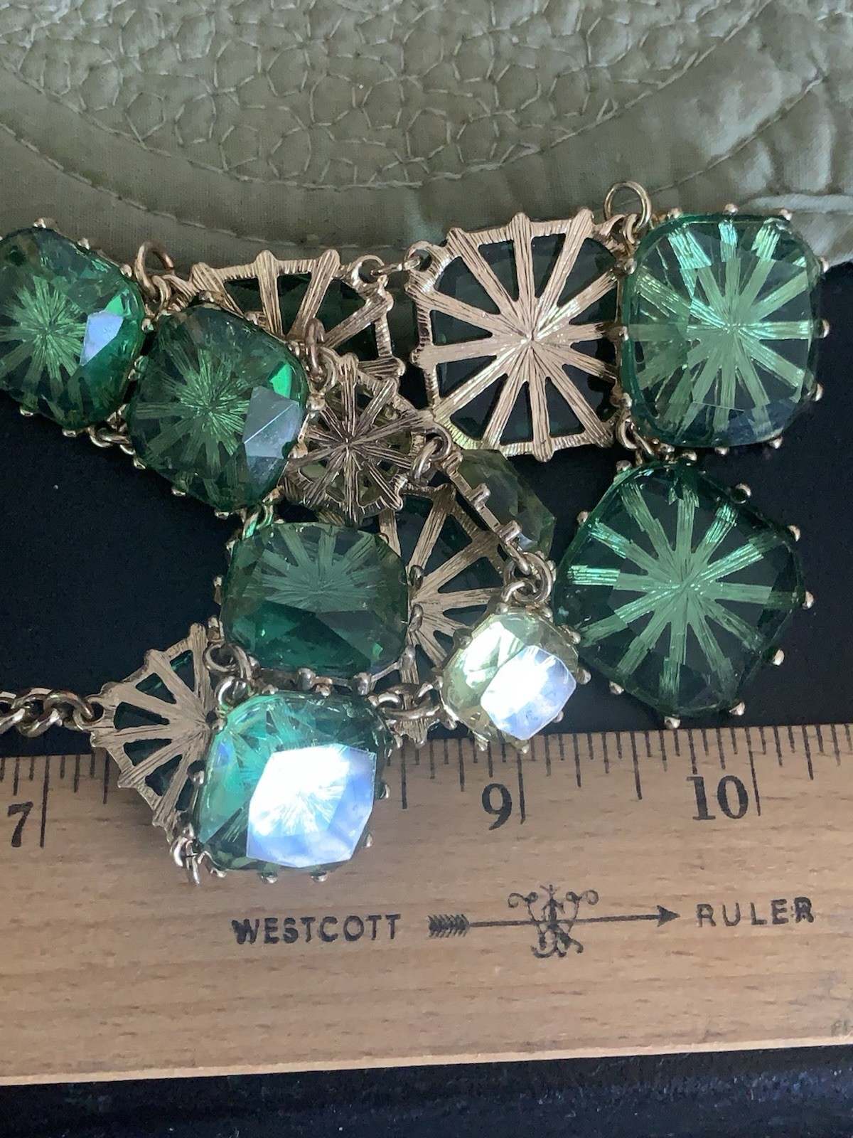 Green Gold Tone Layered Cabochons Statement Bib Necklace Translucent