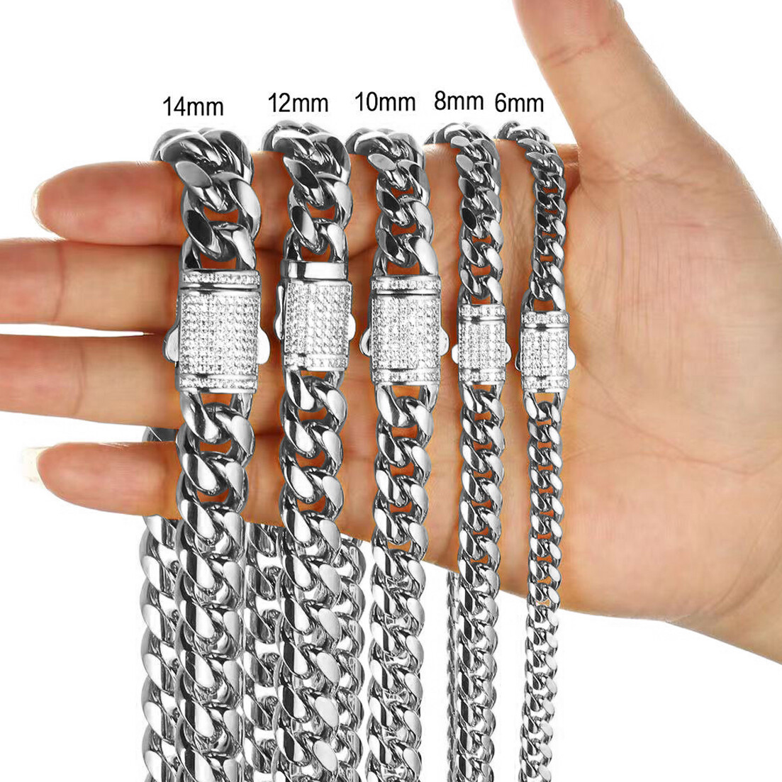 New Hot 6-14mm CZ Miami Cuban Link Chain Necklace Stainless Steel for Men Women