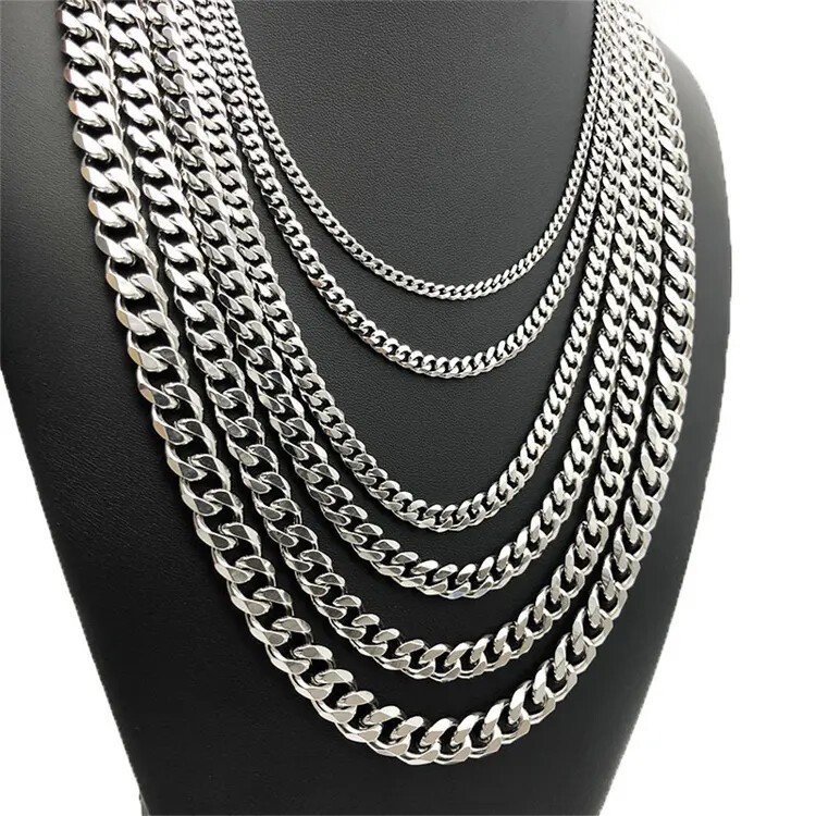 Cuban Chain Mens Necklace Stainless Steel Silver Plated Mens Choker 3/5/7/9/11mm