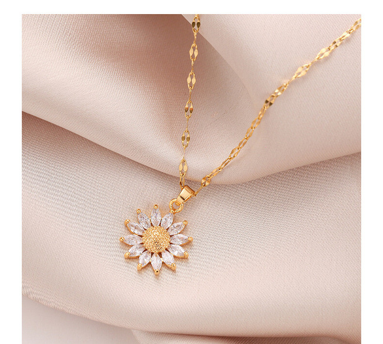 Women’s Fashion Jewelry Gold Cubic Zircon Sunflower Pendant Necklace 1-96