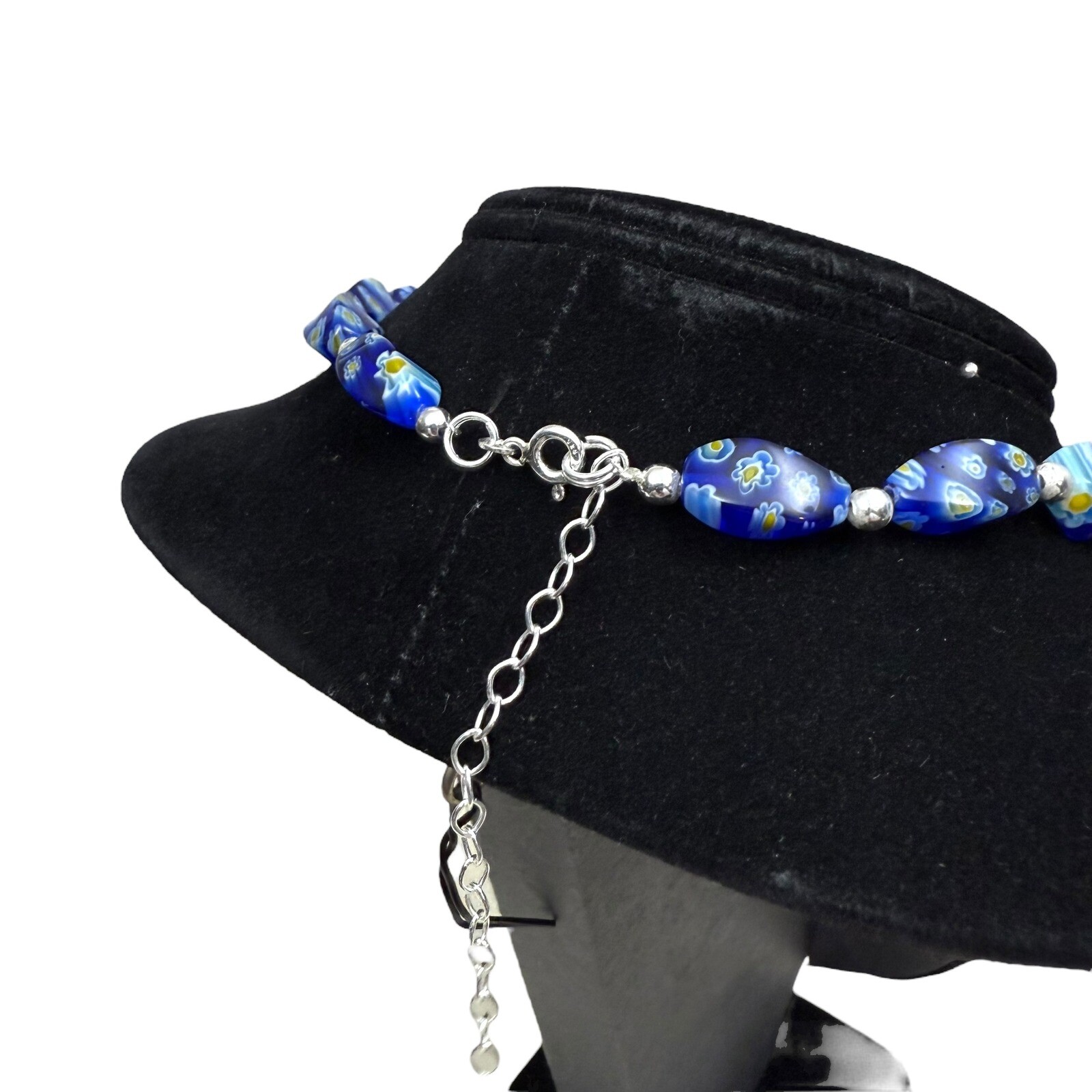 925 Silver Blue Floral Millefiori Glass Beaded Collar Necklace Accent 7.5 in L
