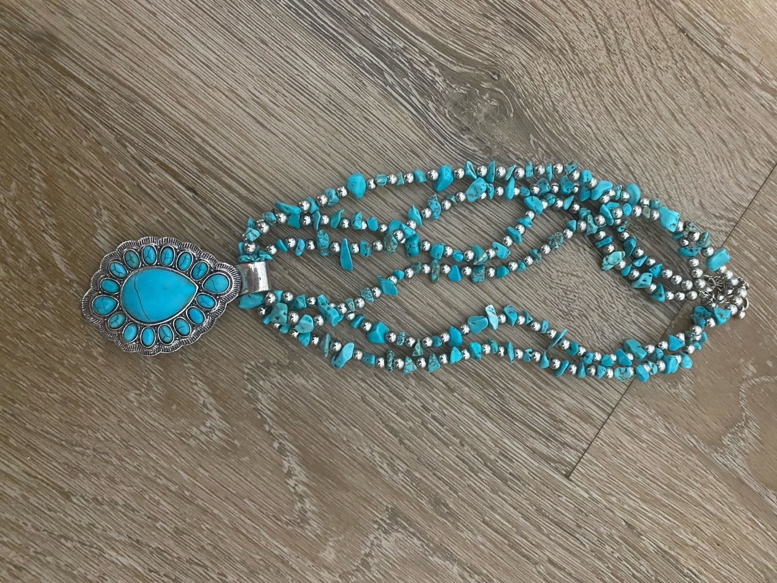 Bohemian Triple-Strand Turquoise and Silver-Tone Beaded Statement Necklace