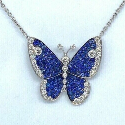 Round Simulated Blue Sapphire Stunning Butterfly Pendant 14K White Gold Plated