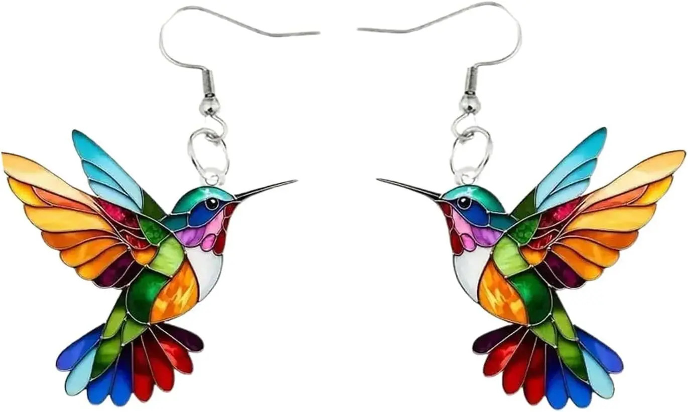Colorful Hummingbird Bird Dangle Earring Necklaces, 2D Hummingbird Necklace, Bir