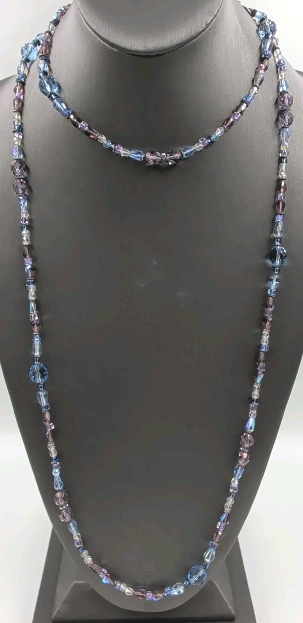 Holly Yashi Multi Color AB Glass Bead Necklace Blue Purple Long Silver Tone