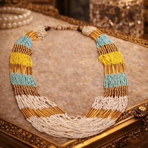 ALDO 1990s Multi Strand Statement Beaded Necklace Gold Blue Yellow Tribal Style