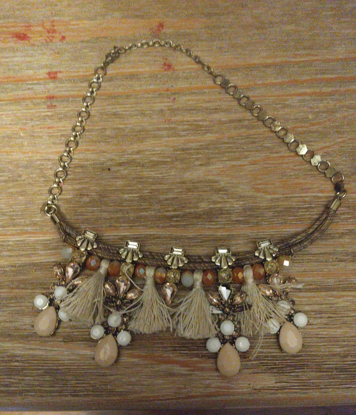 Gold-Tone Statement Bib Necklace White Beads Tassel Dangle Charms