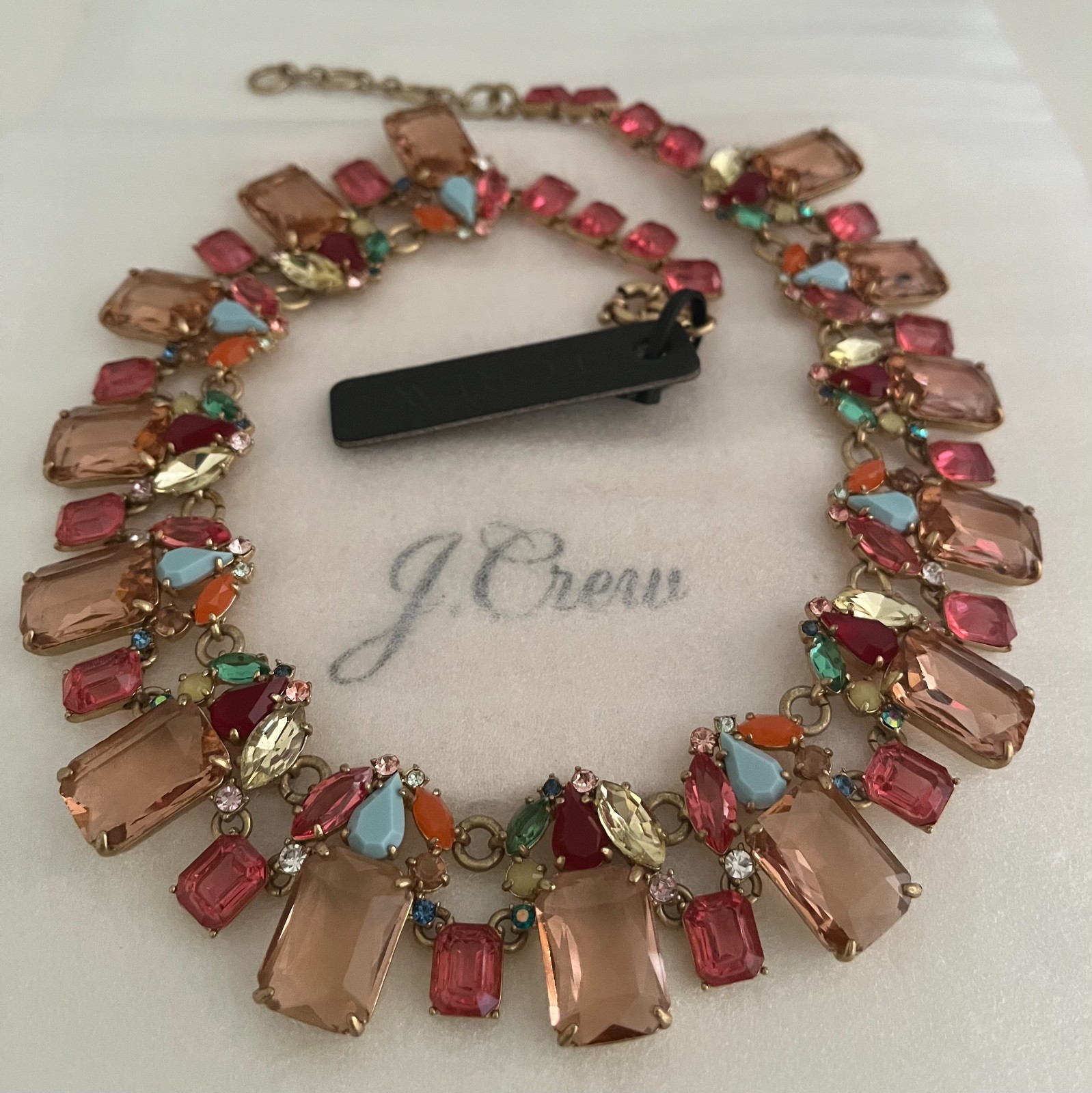 NWT J Crew Stunning Cluster drop Rhinestone Statement Necklace Blue Pink Gold