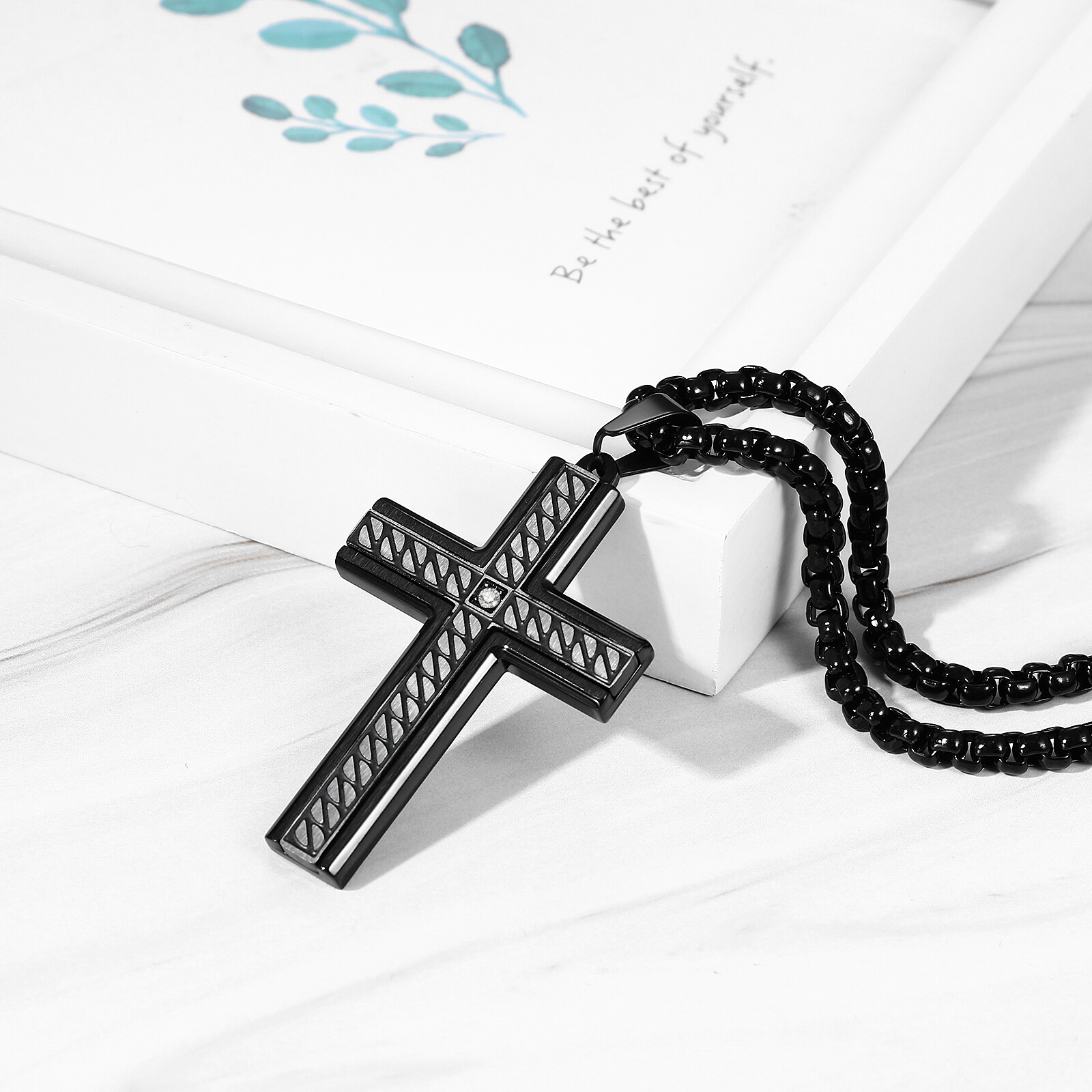 Mens Boys Cool Black Striped Cross Stainless Steel Pendant Necklace Chain 22in