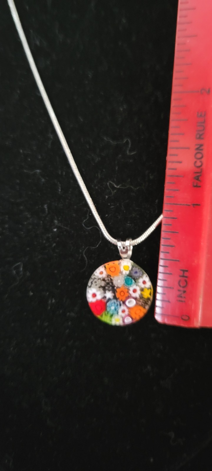 Silver Tone Round Multicolor Glass Flower Pendant Necklace, Snake Chain