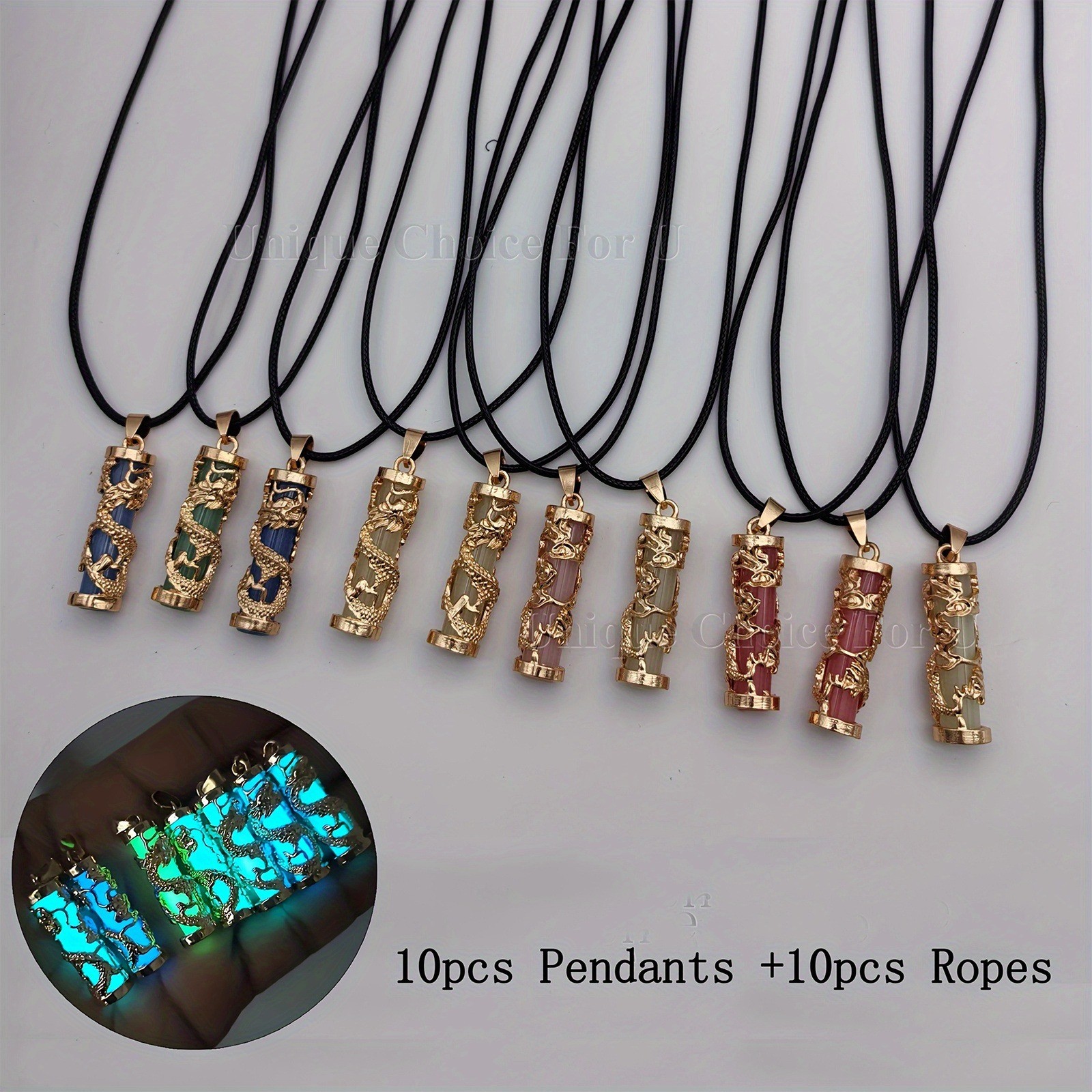 10PC Glow In the Dark Natural Stone Dragon Pendant Pillar Charm Necklace Jewelry