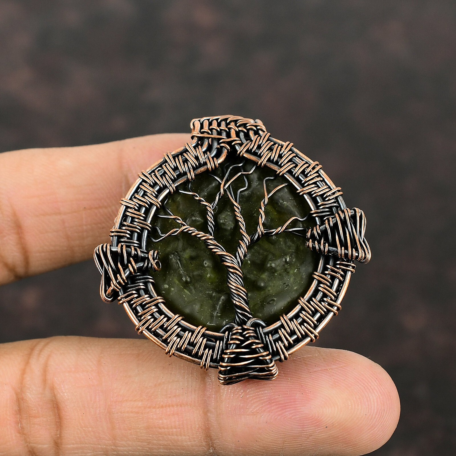 Gift For Her Moldavite Wire Wrapped Tree Of Life Pendant Copper Jewelry 1.81″