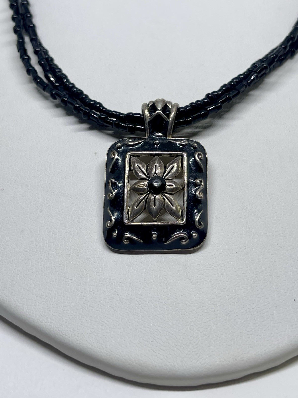 Lady Remington Black Enamel Flower Pendant Gold Wash Tone Black Bead Necklace