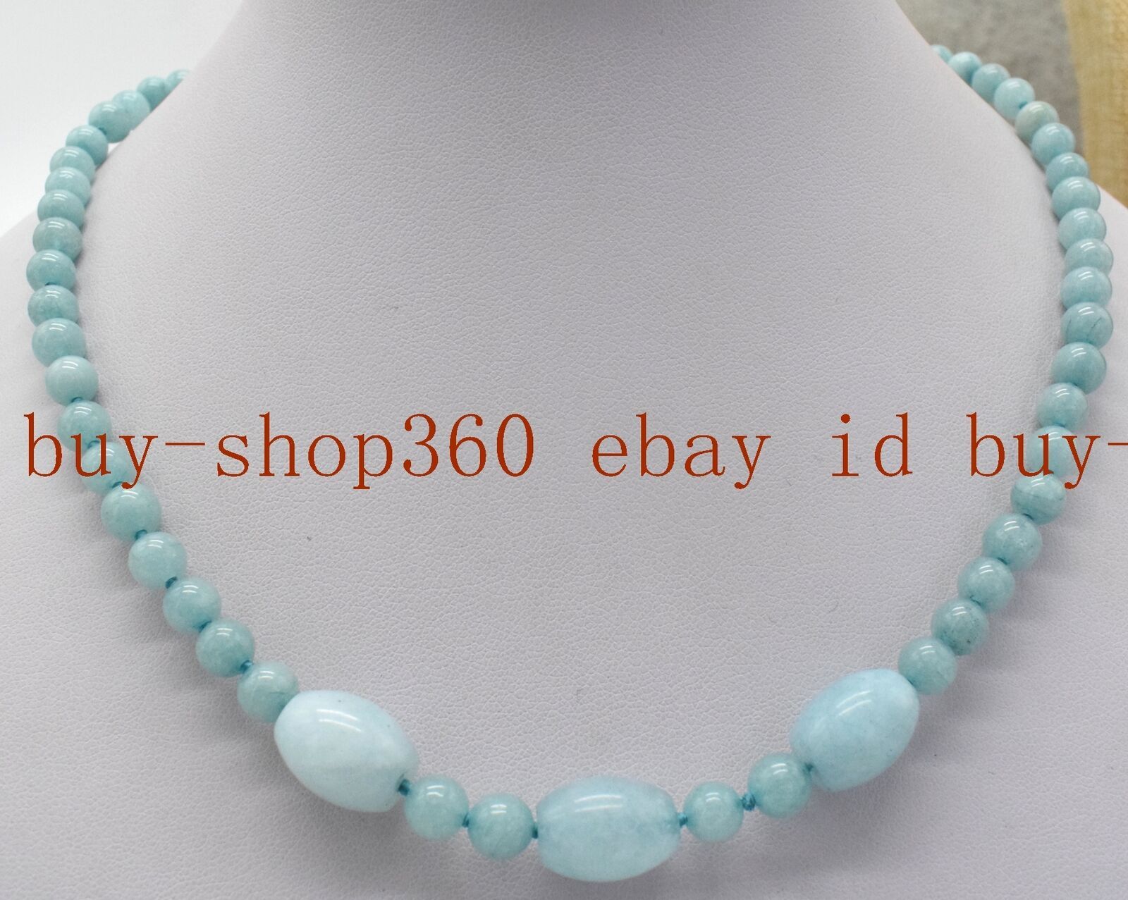 Natural 8mm Blue Round Aquamarine+8x12mm Aquamarine Rice Gemstone Necklace 18”