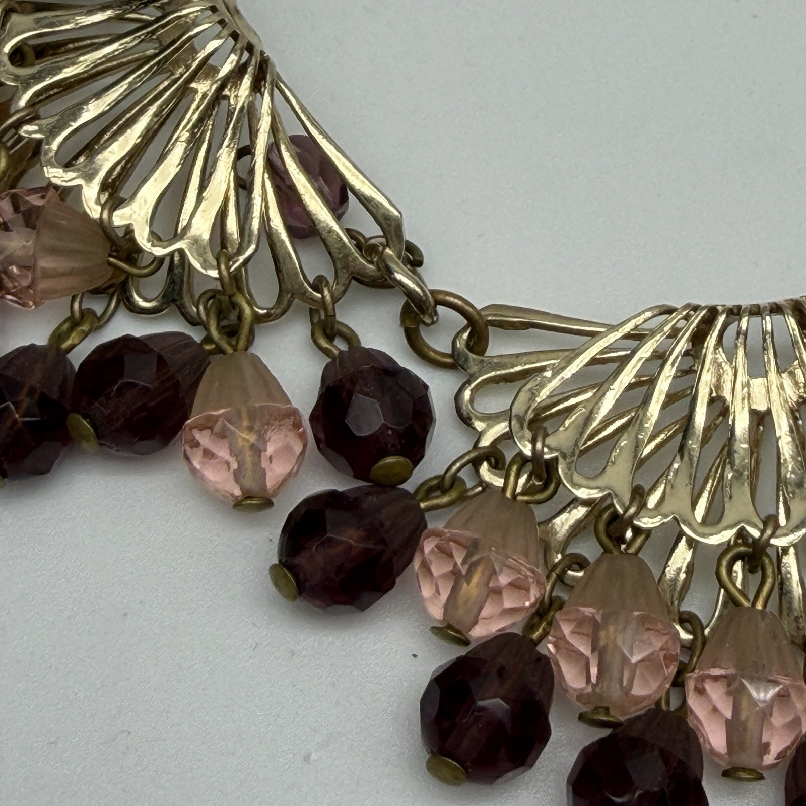 Vintage Purple Pink Glass Necklace Statement Scallop Bib Beaded Choker 15”