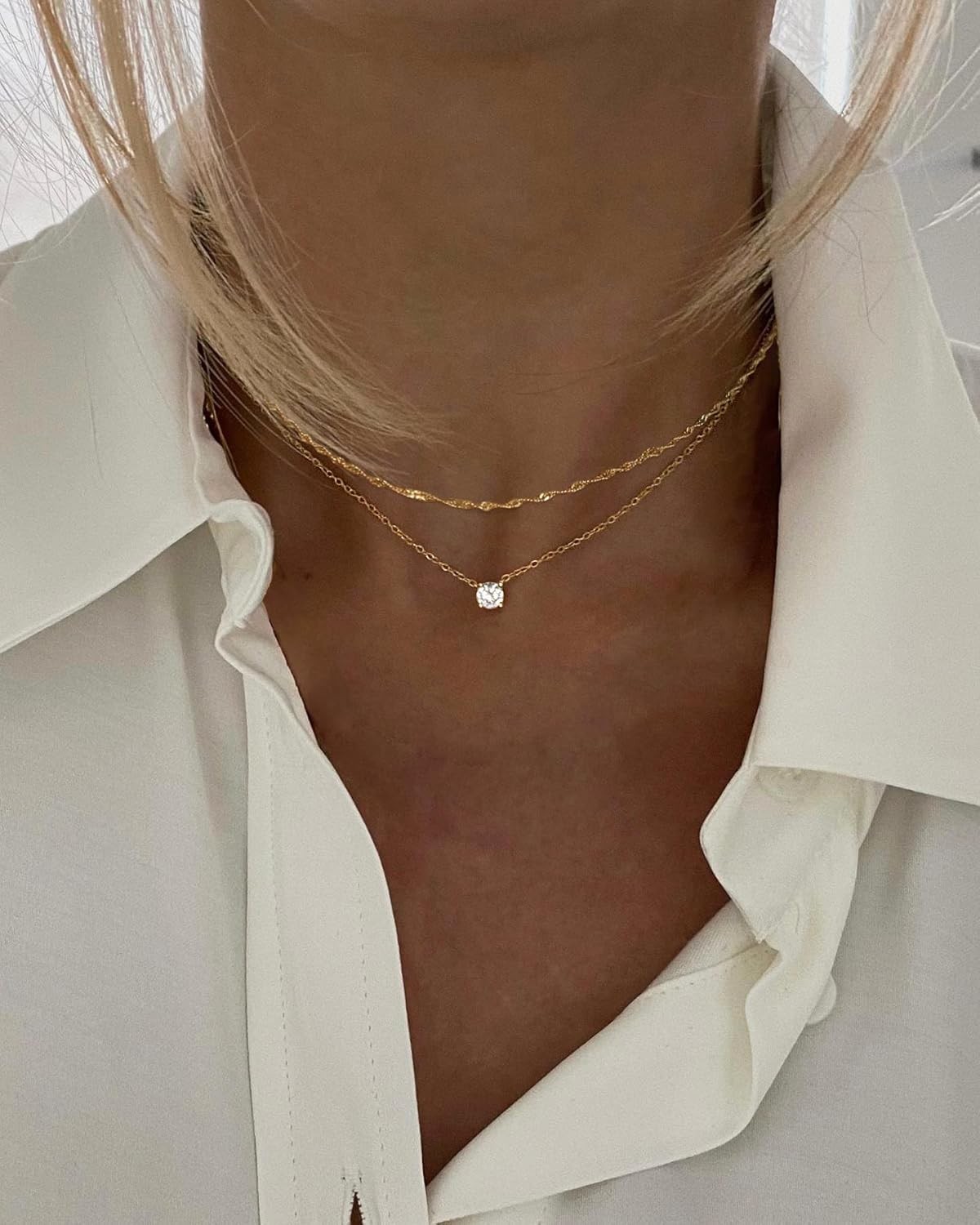 Stunning Dainty Layered Chain 14k Gold Plated CZ Necklace for Special Occasions