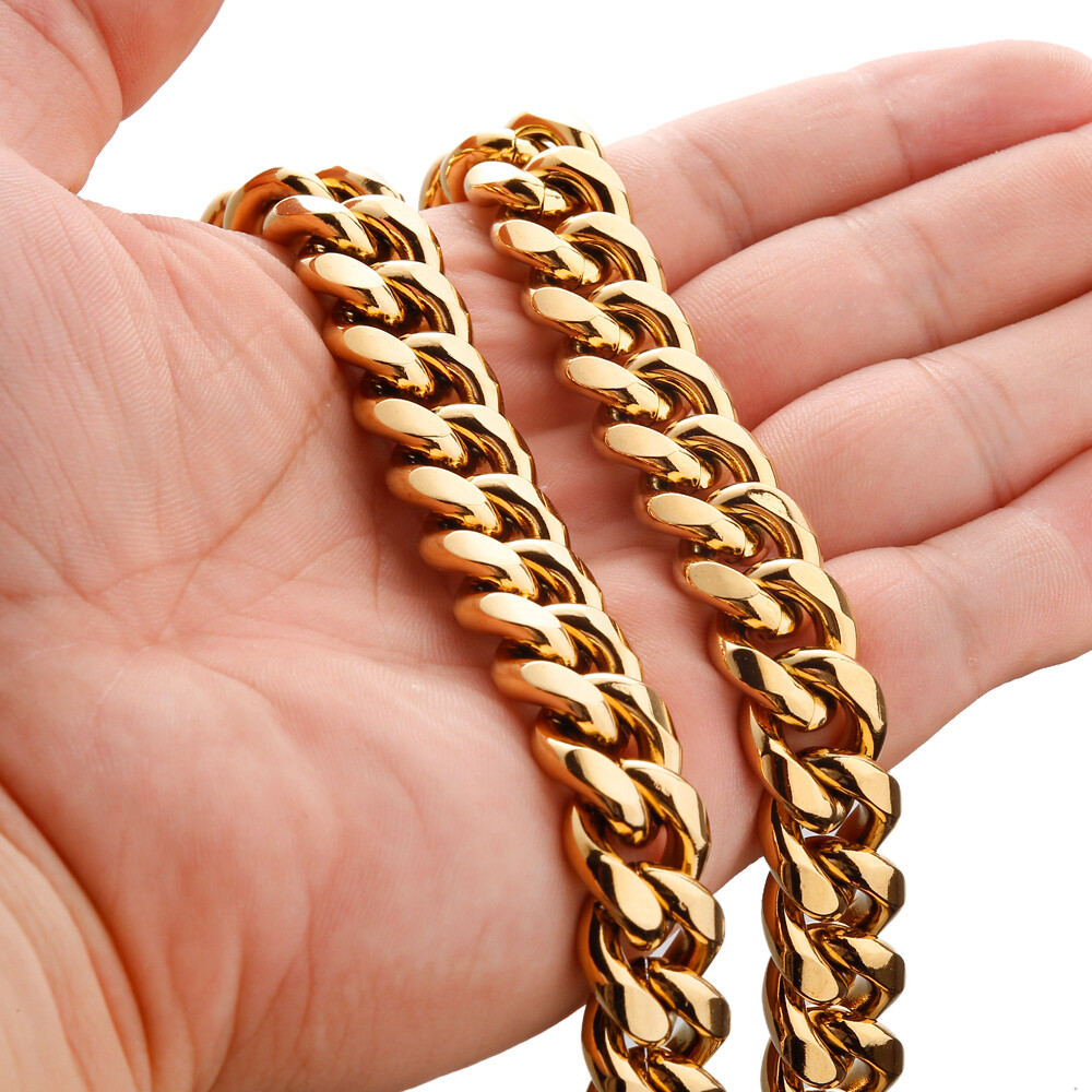 Men’s 18K Gold Plated Stainless Steel Curb Cuban LInk Chain Necklace 16-40inch