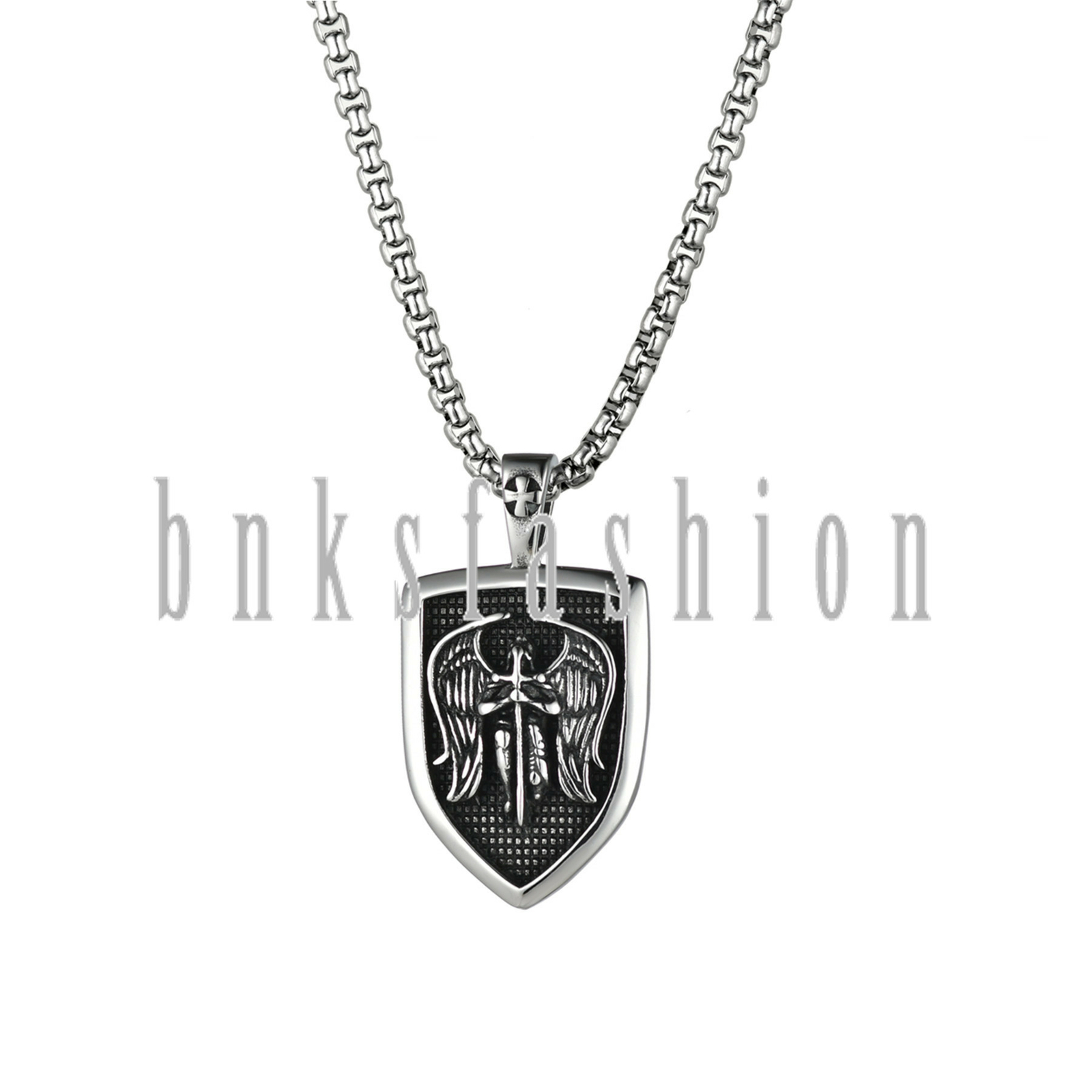 Mens Stainless Steel Saint St Michael Cross Medal Shield Pendant Necklace Chain