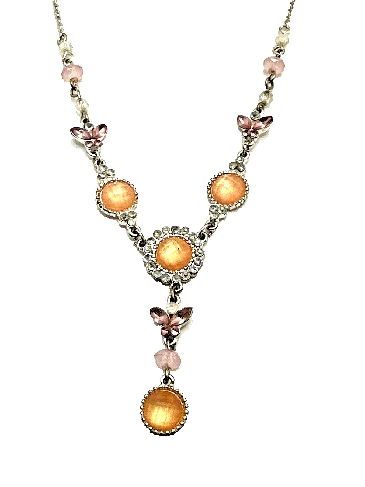 Vtg Avon NR Y Drop Necklace Pink Orange Rhinestone Victorian Revival Style 16″