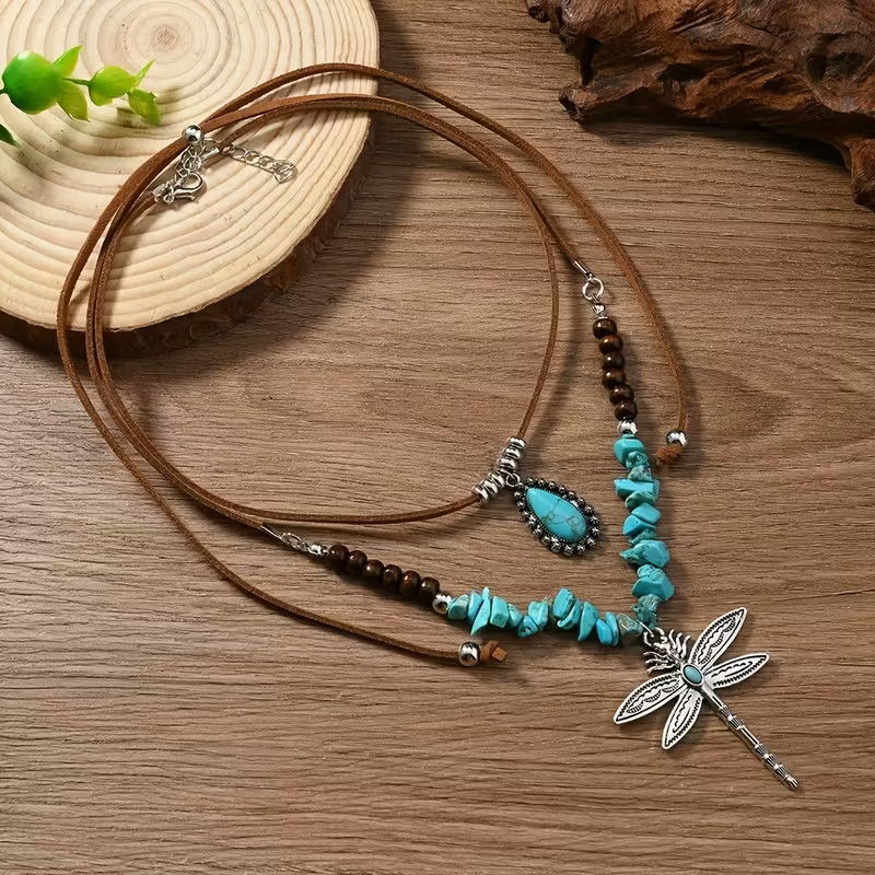 Turquoise Dragonfly Dual Necklace Jewelry American Nature Silvery Pendant