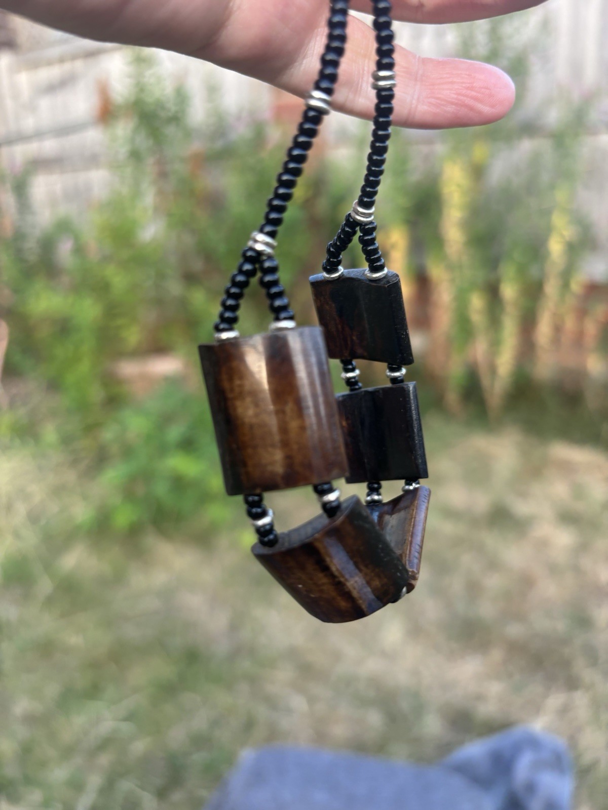 Vintage 1970s Wooden Statement Necklace Black Seed Bead Geometric Boho Choker