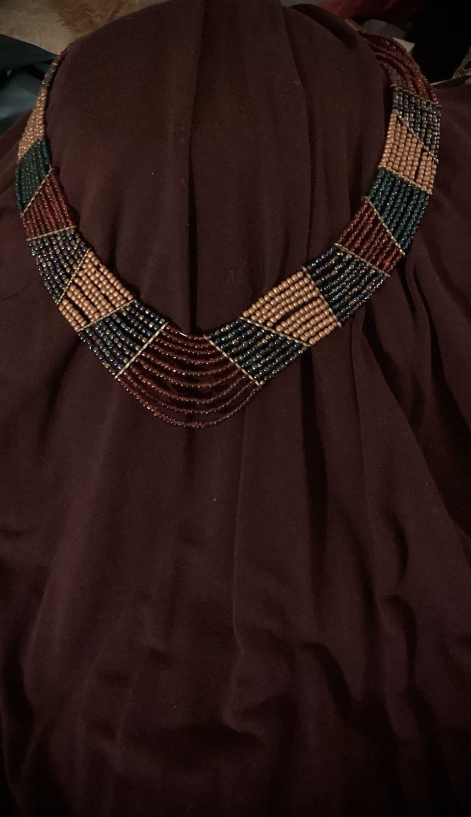 Versatile Statement Necklace Burgundy Gold Teal Iridescent Glass Bead Cleopatra