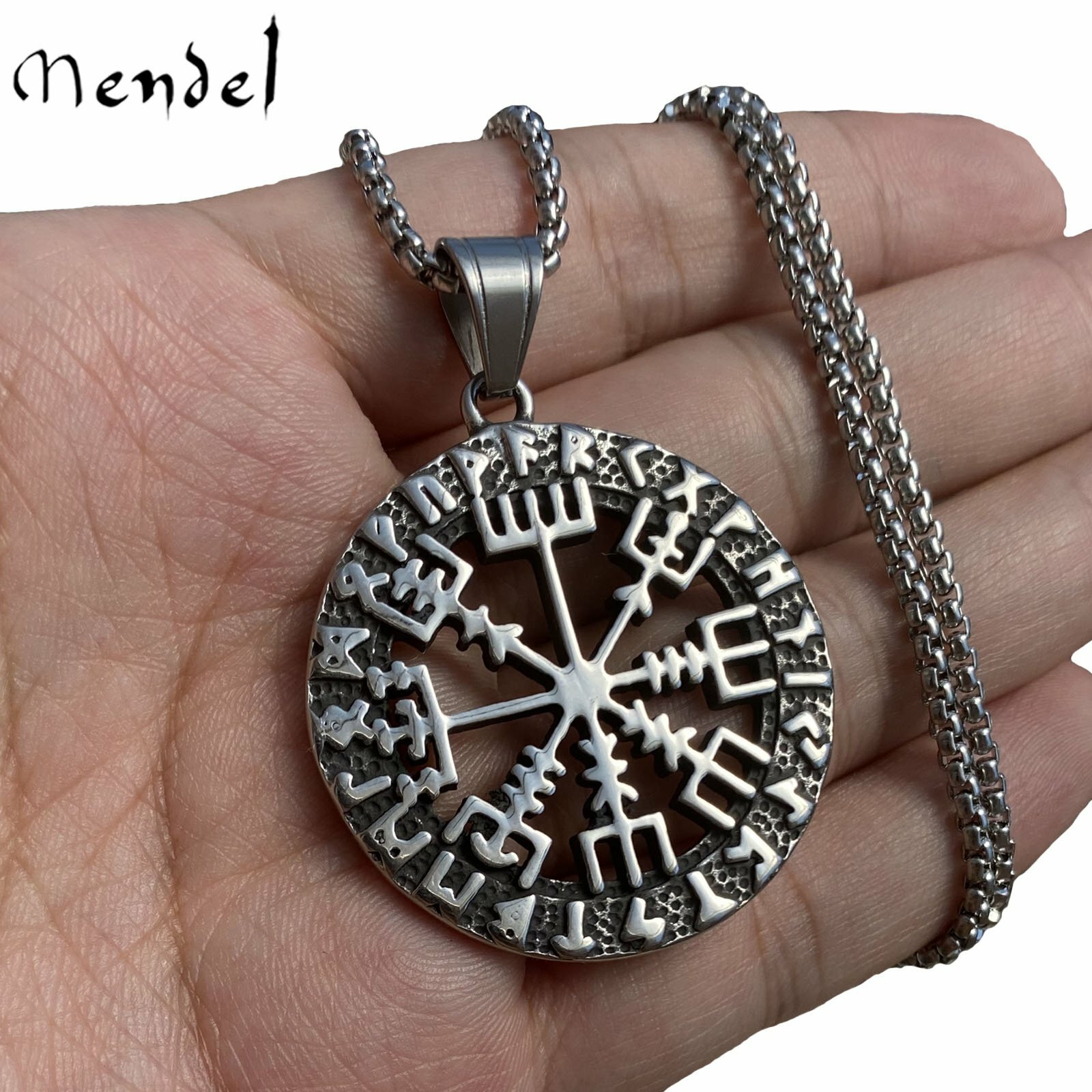MENDEL Mens Norse Viking Rune Vegvisir Compass Pendant Necklace Stainless Steel