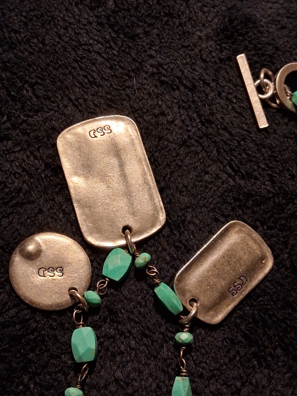 CSS Green Beaded Ball Chain Toggle Necklace RIDE Tag Cross & Horseshoe Charms