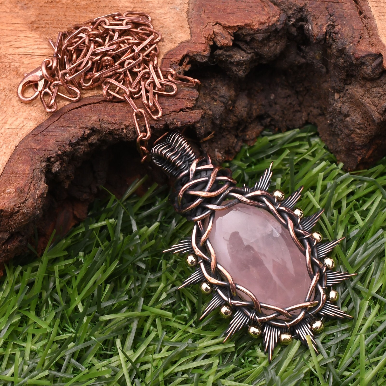 Natural Rose Quartz Gemstone Copper Wire Wrap Handmade Jewelry Pendant 2.28″