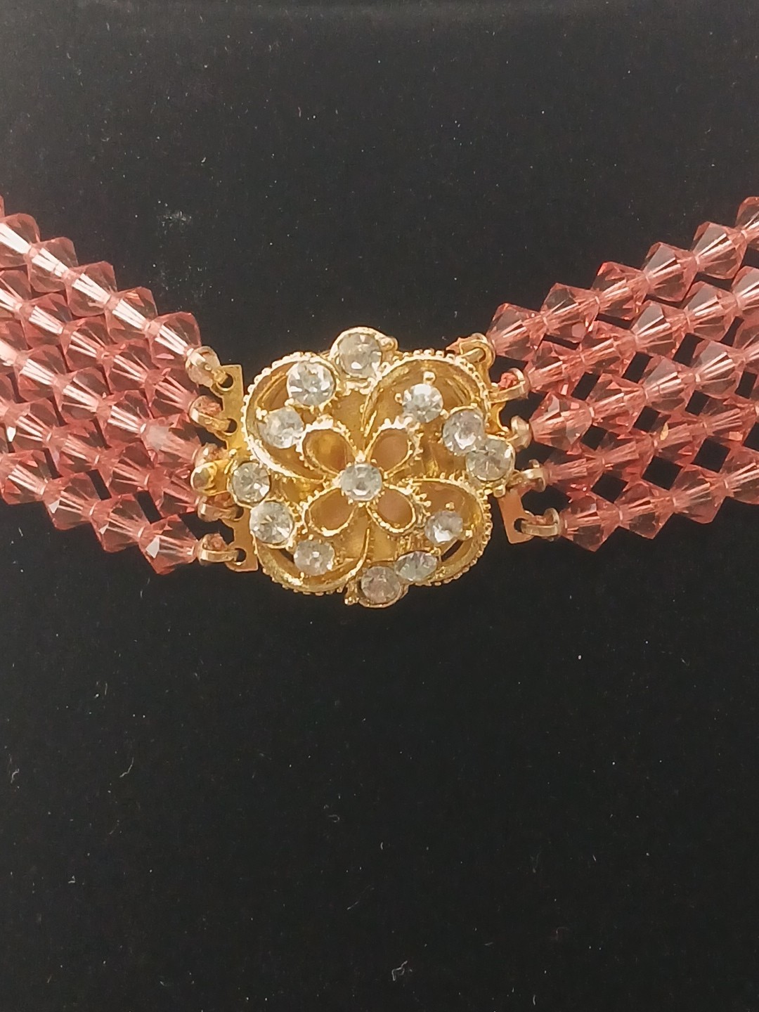 ROYAL ELEGANCE gold tone clear stones 5 strand peachy pink bicone beads chocker