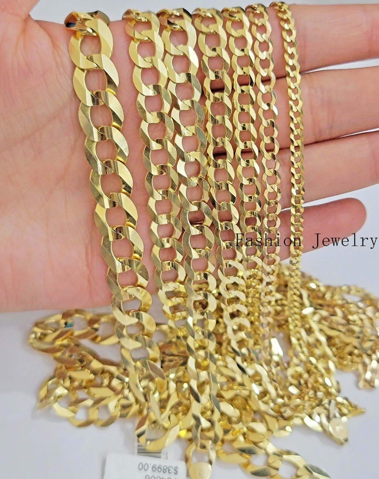 14K Yellow Gold Solid 3mm-10mm Curb Cuban Chain Link Necklace Bracelet 7″- 30″