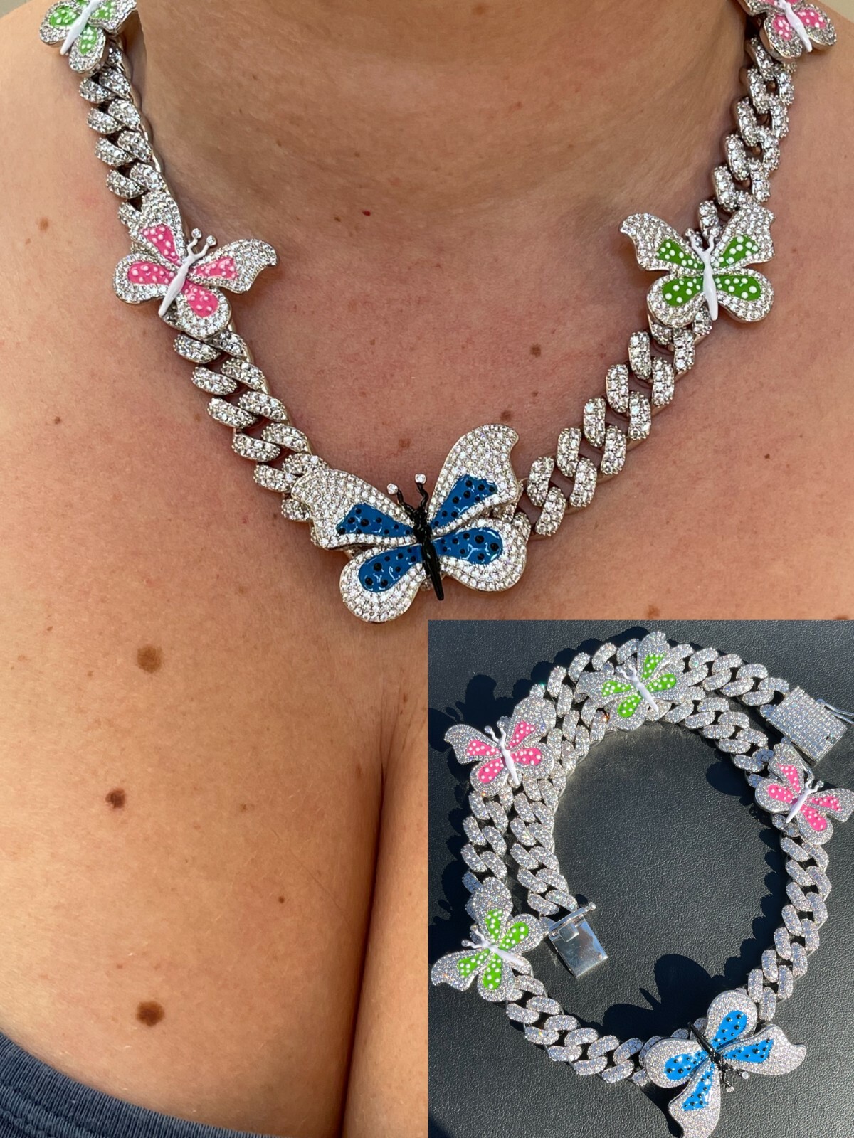 Real Hip Hop 12mm Miami Cuban Chain Choker Necklace Butterfly CZ Silver Choker