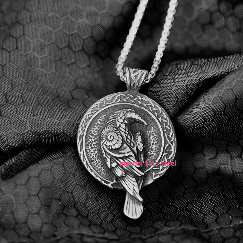 MENDEL Mens Norse Viking Stainless Steel Odin Raven Crow Rune Pendant Necklace