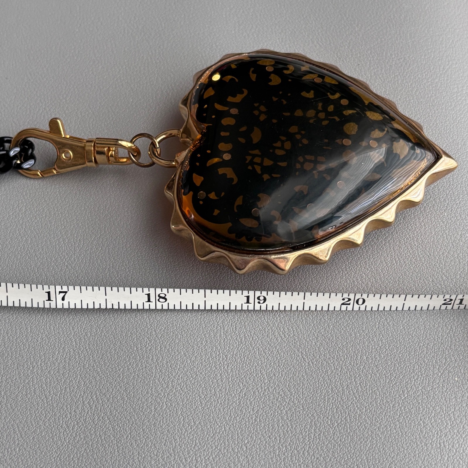Betsey Johnson Large Lucite Heart Necklace Gold Tone Chain Black Ribbon