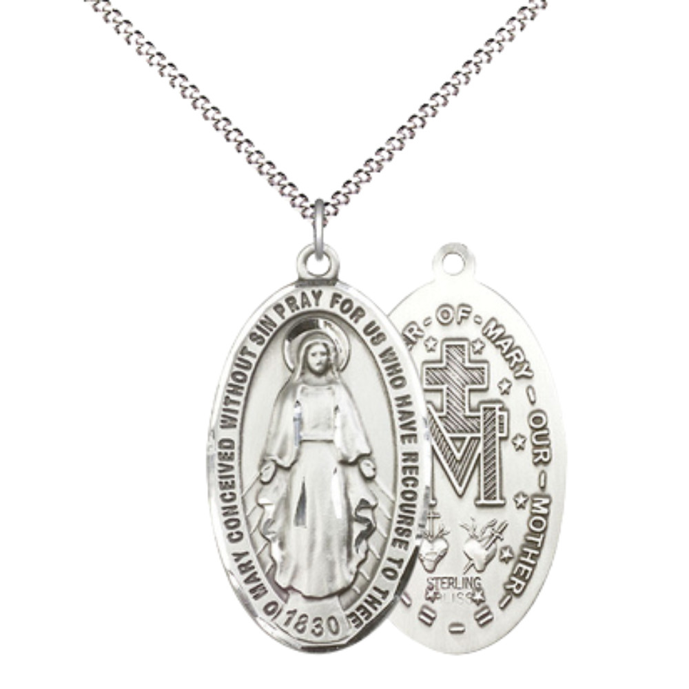 Large Sterling Silver Miraculous Medal Pendant 18″ Lobster Claw Chain Necklace