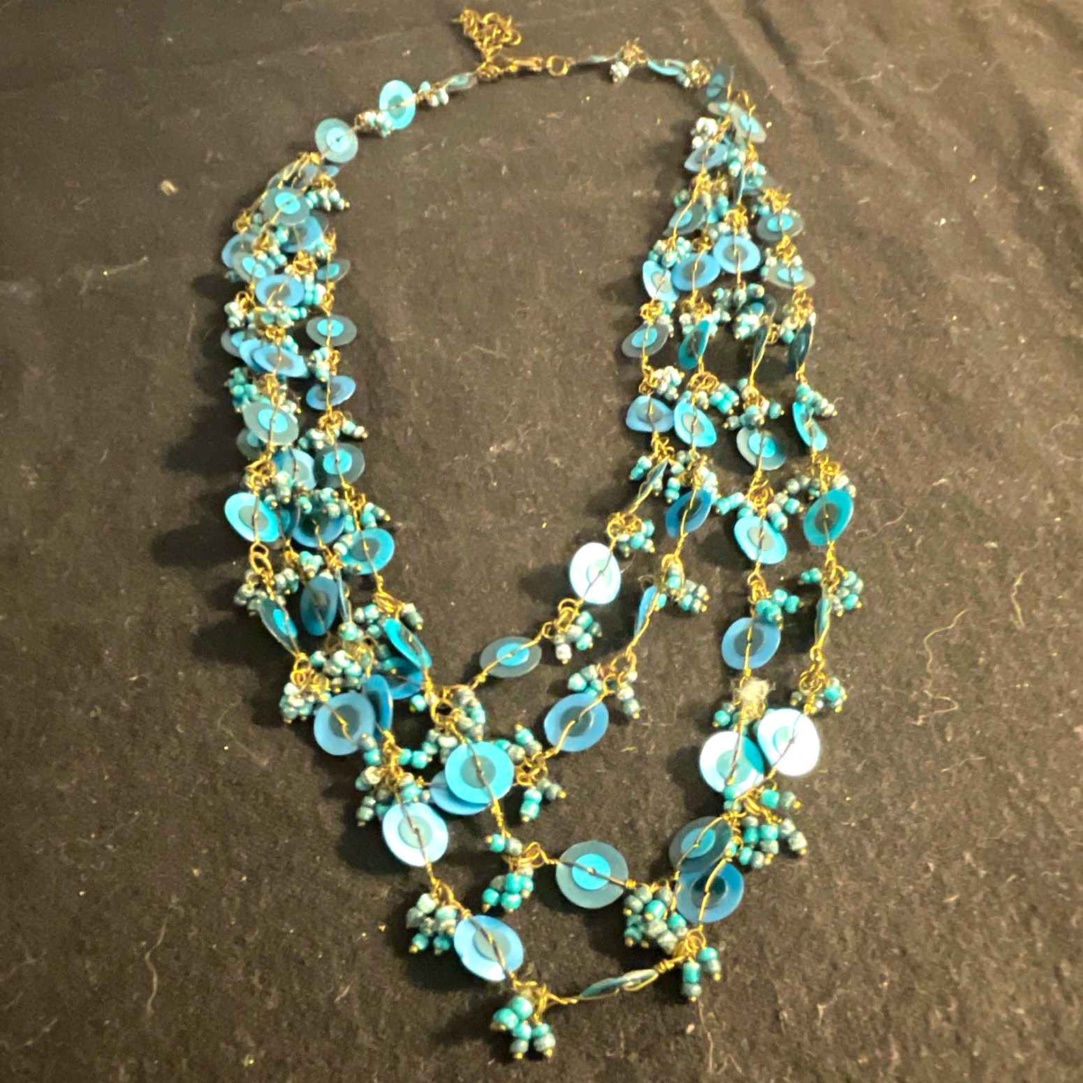 Sea-Green & Gold Tone Layered Beaded Multi-Strand Necklace Adjustable